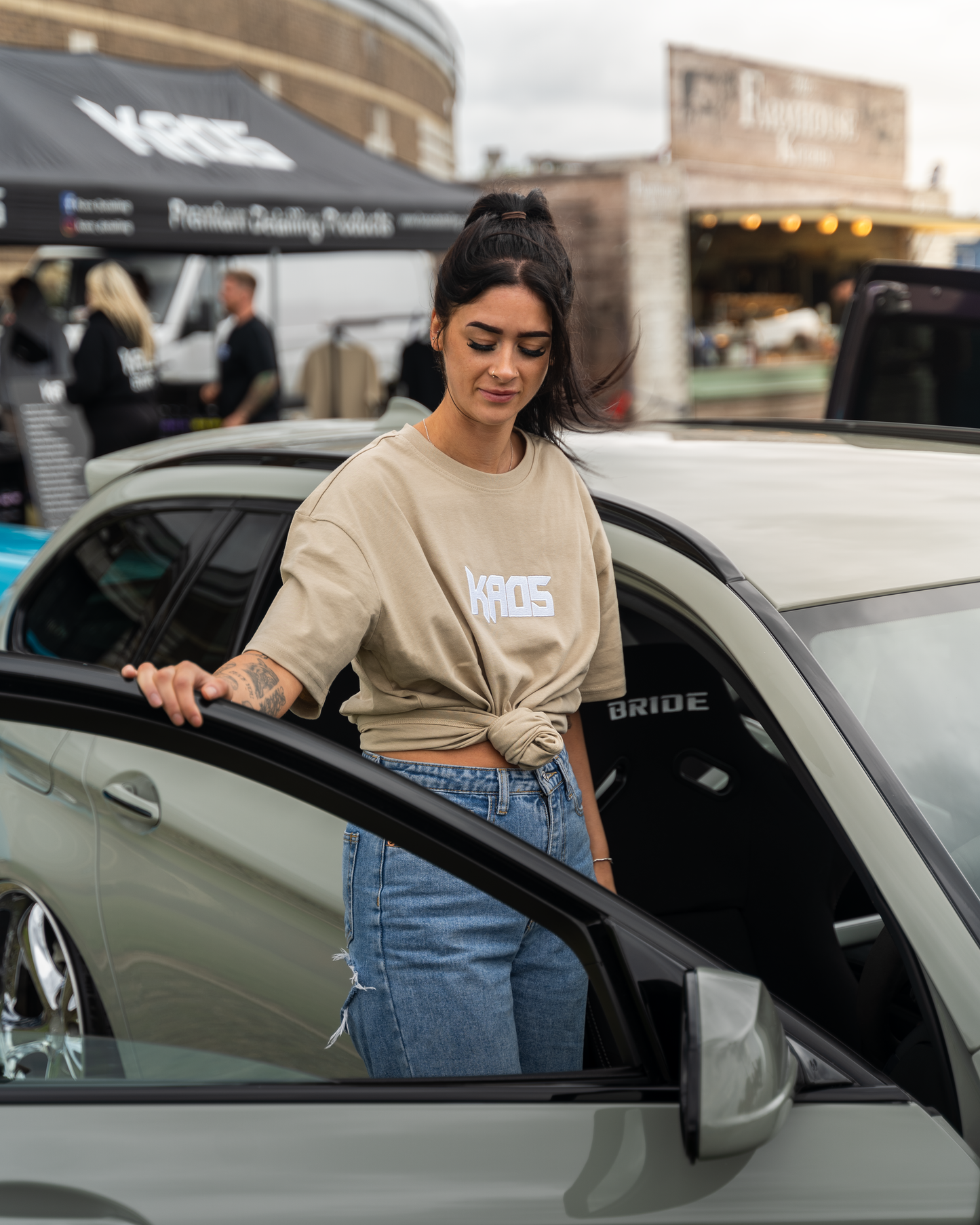 Kaos Oversized Premium embroidered Tee (Beige with White Logo)